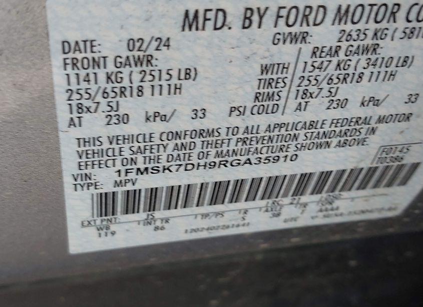 Photo 9 of 2024 Ford Explorer XLT (VIN 1FMSK7DH9RGA35910)