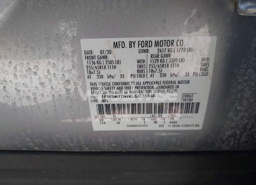 Photo 9 of 2020 Ford Explorer XLT (VIN 1FMSK7DHXLGC75846)