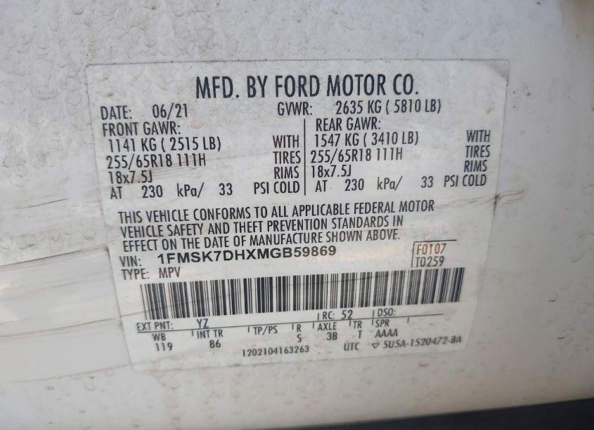 Photo 9 of 2021 Ford Explorer XLT (VIN 1FMSK7DHXMGB59869)