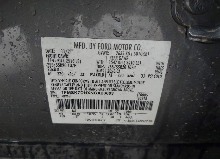 Photo 9 of 2022 Ford Explorer XLT (VIN 1FMSK7DHXNGA20603)