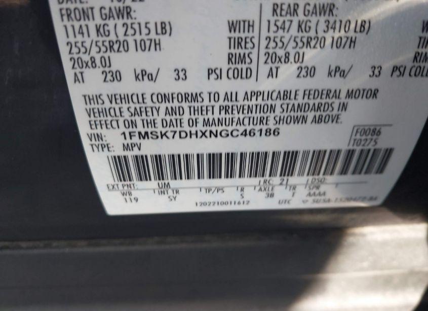 Photo 9 of 2022 Ford Explorer XLT (VIN 1FMSK7DHXNGC46186)