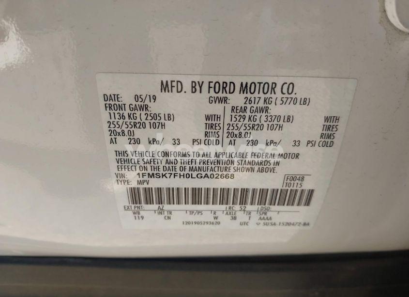 Photo 9 of 2020 Ford Explorer LIMITED (VIN 1FMSK7FH0LGA02668)