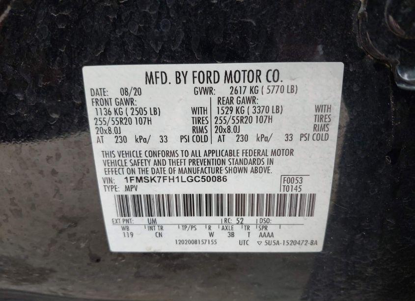 Photo 9 of 2020 Ford Explorer LIMITED (VIN 1FMSK7FH1LGC50086)