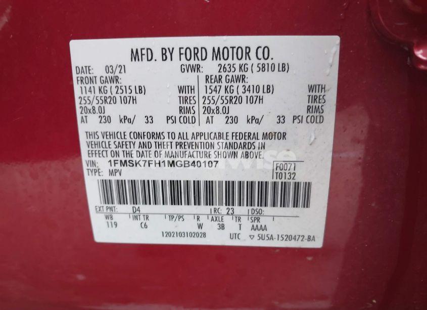 Photo 9 of 2021 Ford Explorer LIMITED (VIN 1FMSK7FH1MGB40107)