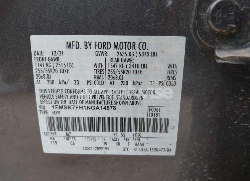 Photo 9 of 2022 Ford Explorer LIMITED (VIN 1FMSK7FH1NGA14878)