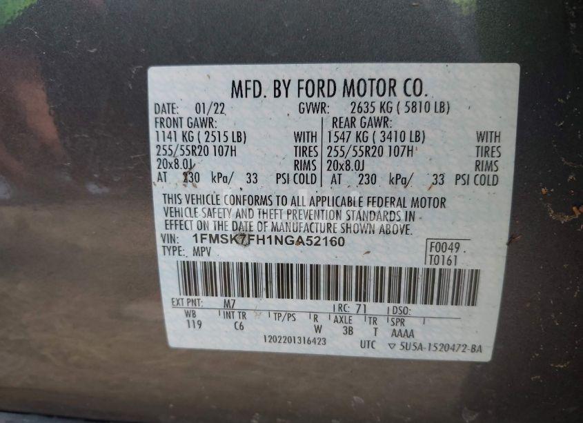 Photo 9 of 2022 Ford Explorer LIMITED (VIN 1FMSK7FH1NGA52160)
