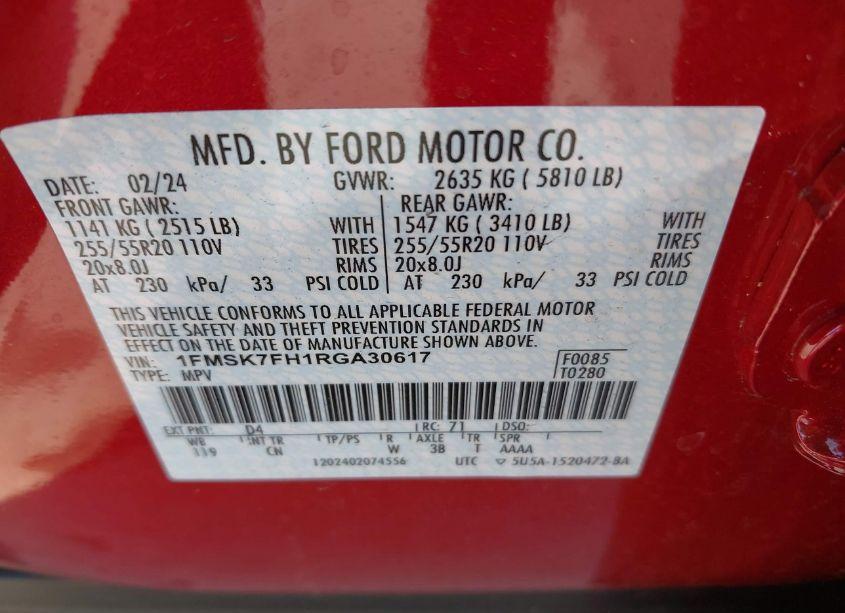 Photo 9 of 2024 Ford Explorer LIMITED (VIN 1FMSK7FH1RGA30617)