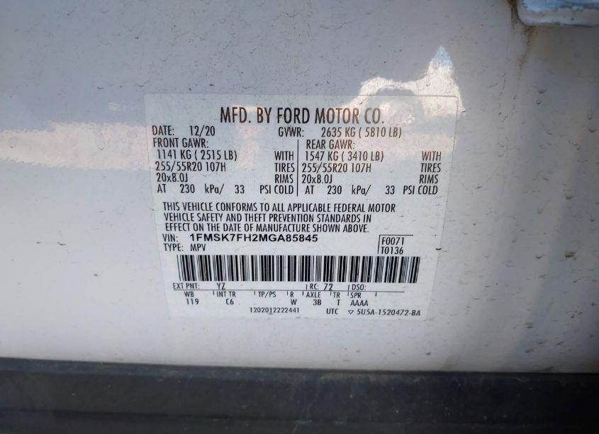 Photo 9 of 2021 Ford Explorer LIMITED (VIN 1FMSK7FH2MGA85845)