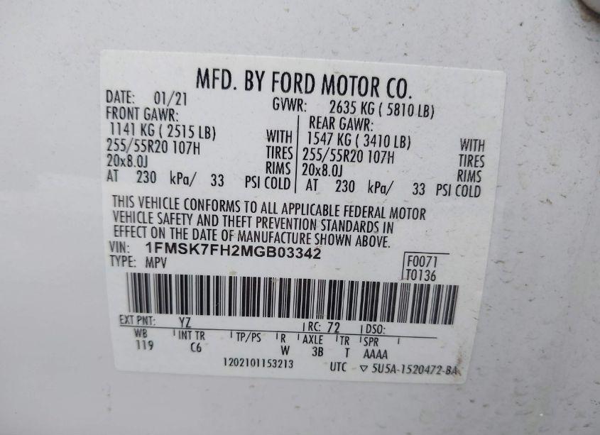 Photo 9 of 2021 Ford Explorer LIMITED (VIN 1FMSK7FH2MGB03342)