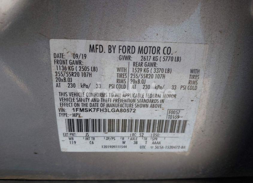 Photo 9 of 2020 Ford Explorer LIMITED (VIN 1FMSK7FH3LGA80572)