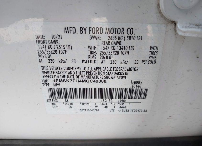 Photo 9 of 2021 Ford Explorer LIMITED (VIN 1FMSK7FH4MGC49080)