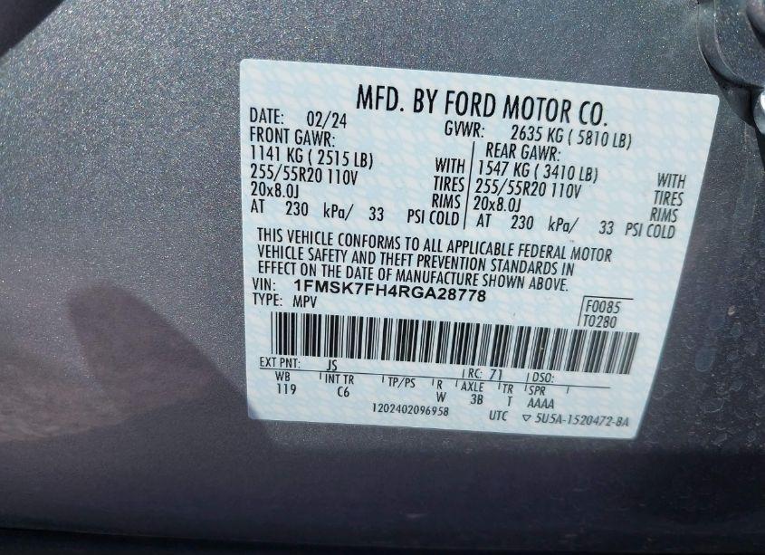 Photo 9 of 2024 Ford Explorer LIMITED (VIN 1FMSK7FH4RGA28778)