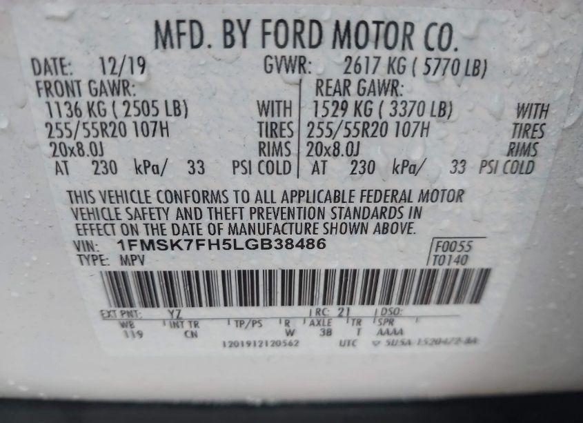Photo 9 of 2020 Ford Explorer LIMITED (VIN 1FMSK7FH5LGB38486)