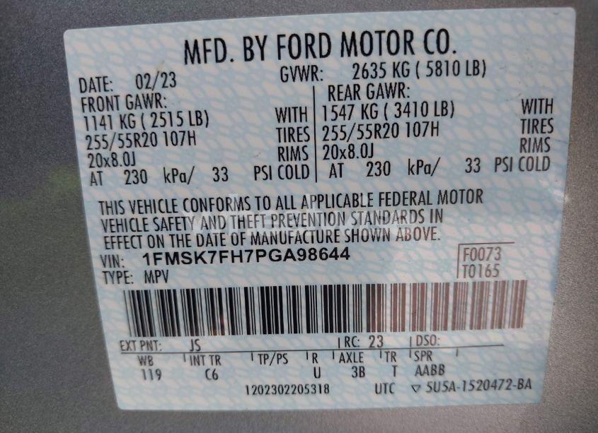 Photo 9 of 2023 Ford Explorer LIMITED (VIN 1FMSK7FH7PGA98644)