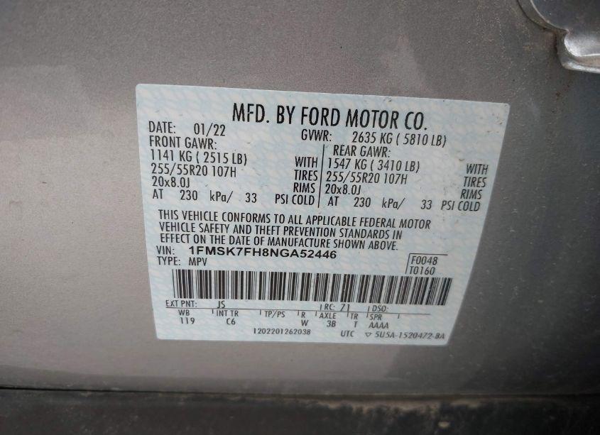 Photo 9 of 2022 Ford Explorer LIMITED (VIN 1FMSK7FH8NGA52446)