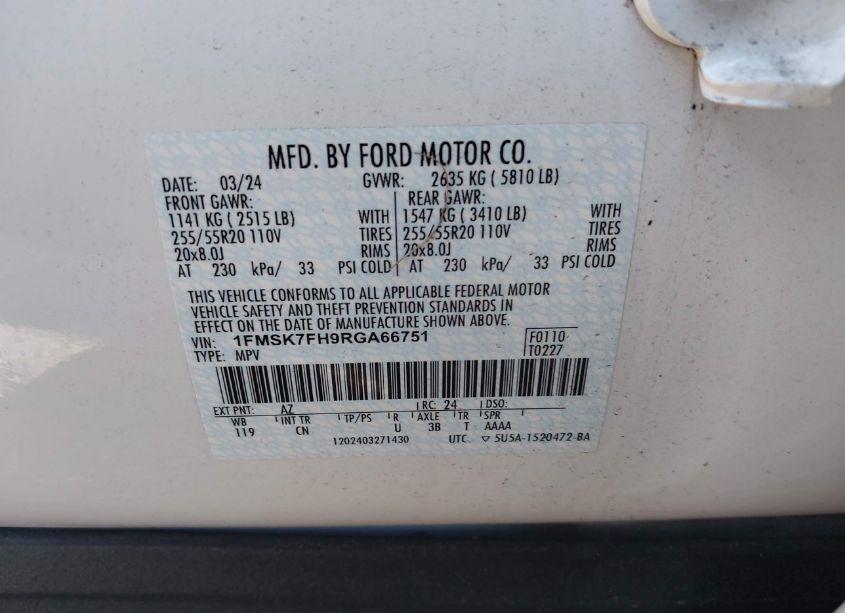 Photo 9 of 2024 Ford Explorer LIMITED (VIN 1FMSK7FH9RGA66751)