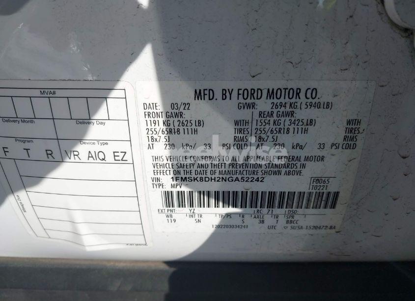 Photo 9 of 2022 Ford Explorer XLT (VIN 1FMSK8DH2NGA52242)