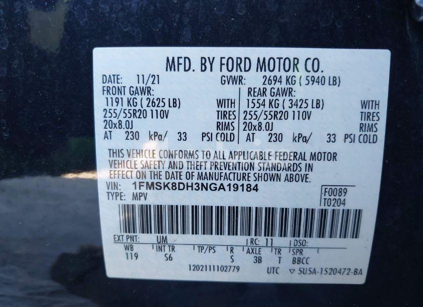 Photo 9 of 2022 Ford Explorer XLT (VIN 1FMSK8DH3NGA19184)