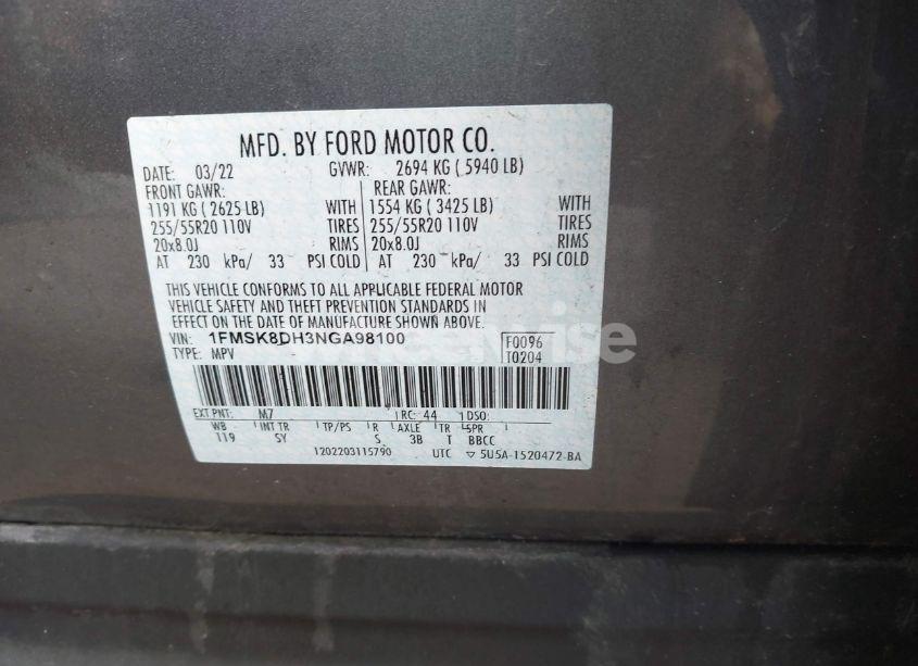 Photo 9 of 2022 Ford Explorer XLT (VIN 1FMSK8DH3NGA98100)