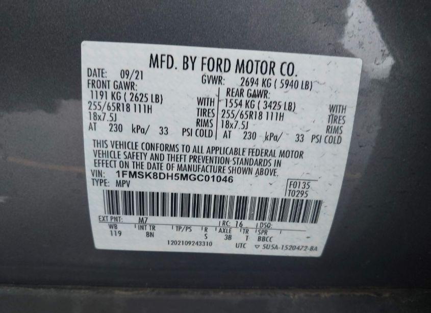 Photo 9 of 2021 Ford Explorer XLT (VIN 1FMSK8DH5MGC01046)