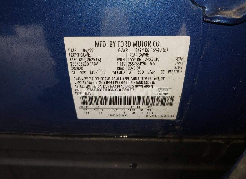 Photo 9 of 2022 Ford Explorer XLT (VIN 1FMSK8DH6NGA70873)