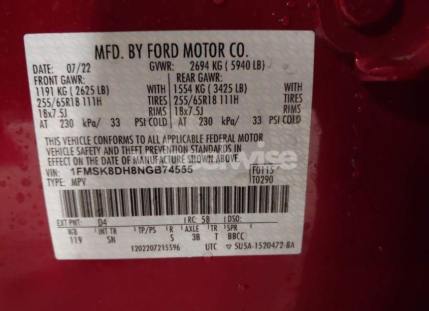 Photo 9 of 2022 Ford Explorer XLT (VIN 1FMSK8DH8NGB74555)