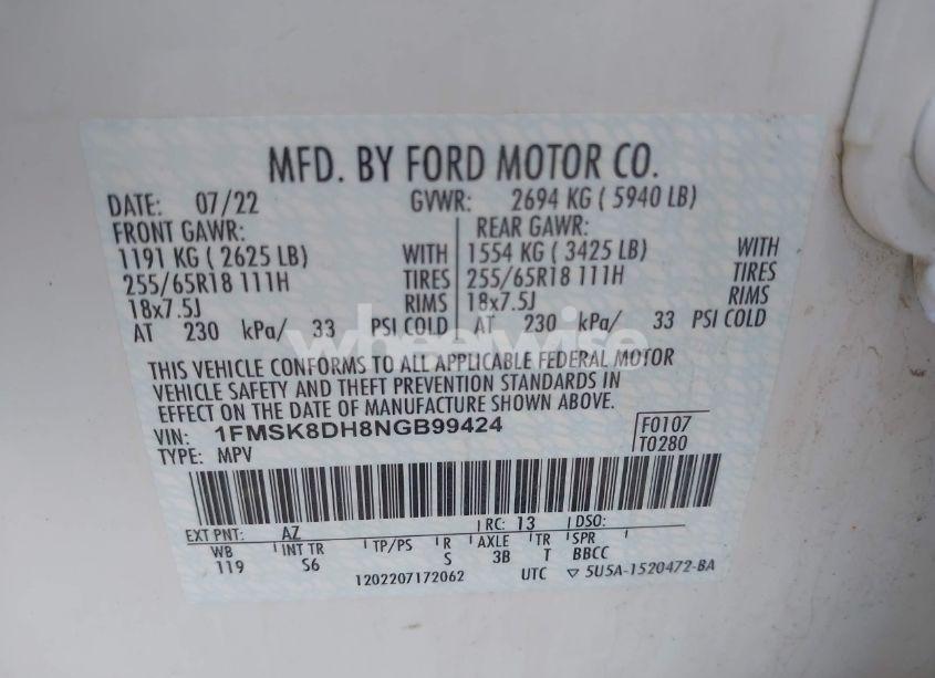 Photo 9 of 2022 Ford Explorer XLT (VIN 1FMSK8DH8NGB99424)