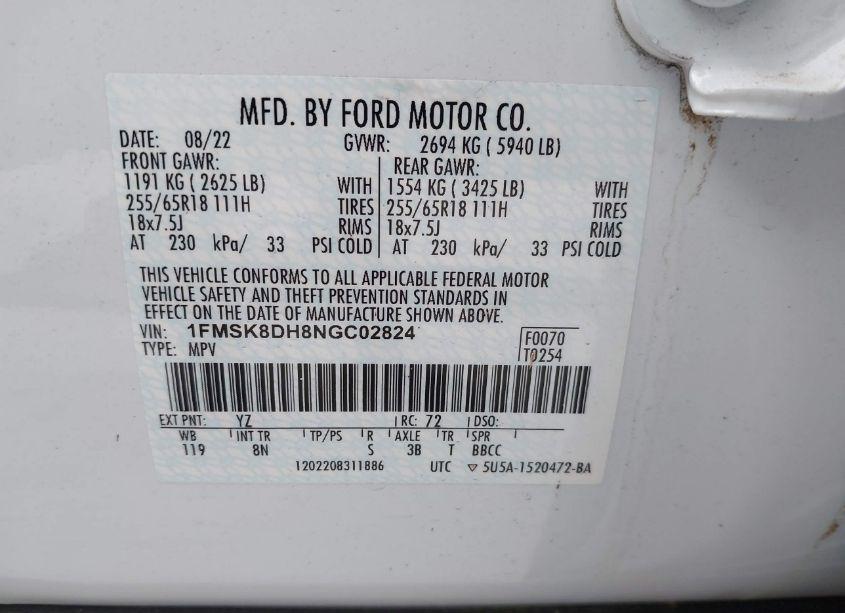 Photo 9 of 2022 Ford Explorer XLT (VIN 1FMSK8DH8NGC02824)