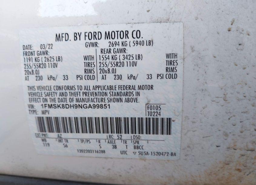 Photo 9 of 2022 Ford Explorer XLT (VIN 1FMSK8DH9NGA99851)