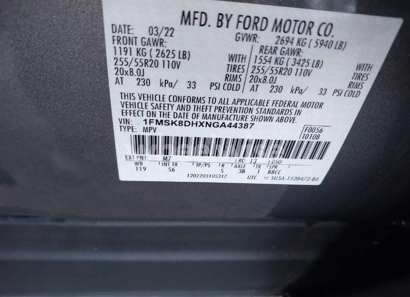 Photo 9 of 2022 Ford Explorer XLT (VIN 1FMSK8DHXNGA44387)