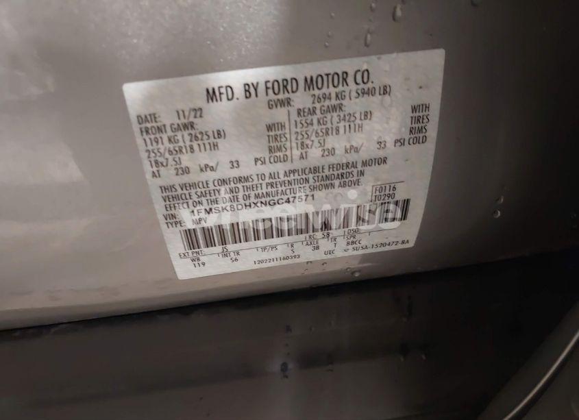 Photo 9 of 2022 Ford Explorer XLT (VIN 1FMSK8DHXNGC47571)