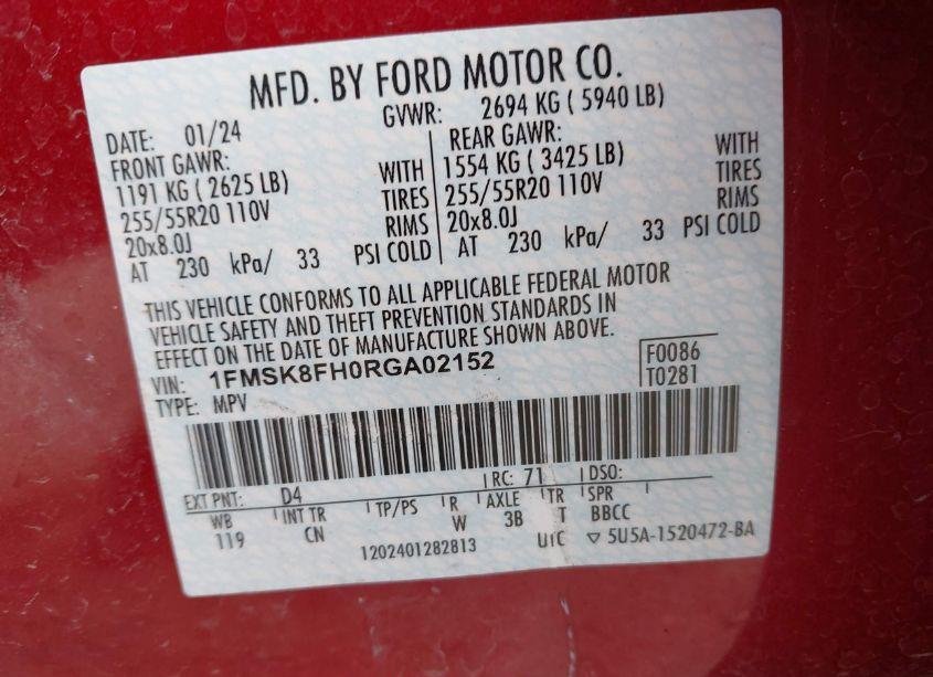 Photo 9 of 2024 Ford Explorer LIMITED (VIN 1FMSK8FH0RGA02152)