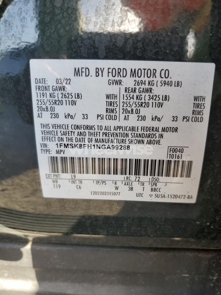 Photo 14 of 2022 FORD EXPLORER LIMITED (VIN 1FMSK8FH1NGA99288)