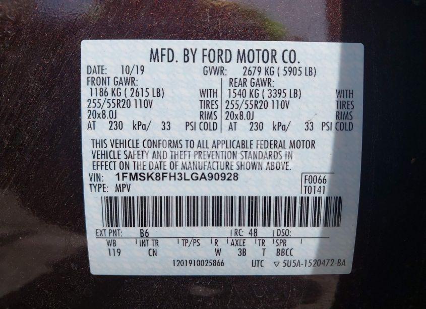 Photo 9 of 2020 Ford Explorer LIMITED (VIN 1FMSK8FH3LGA90928)