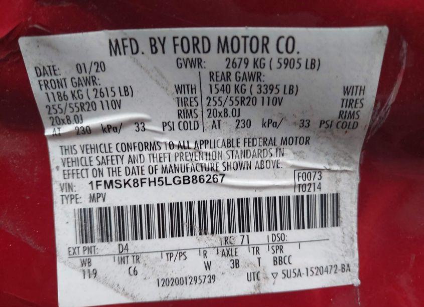 Photo 9 of 2020 Ford Explorer LIMITED (VIN 1FMSK8FH5LGB86267)