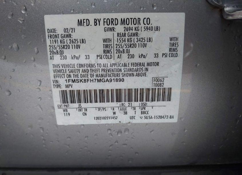 Photo 9 of 2021 Ford Explorer LIMITED (VIN 1FMSK8FH7MGA91890)