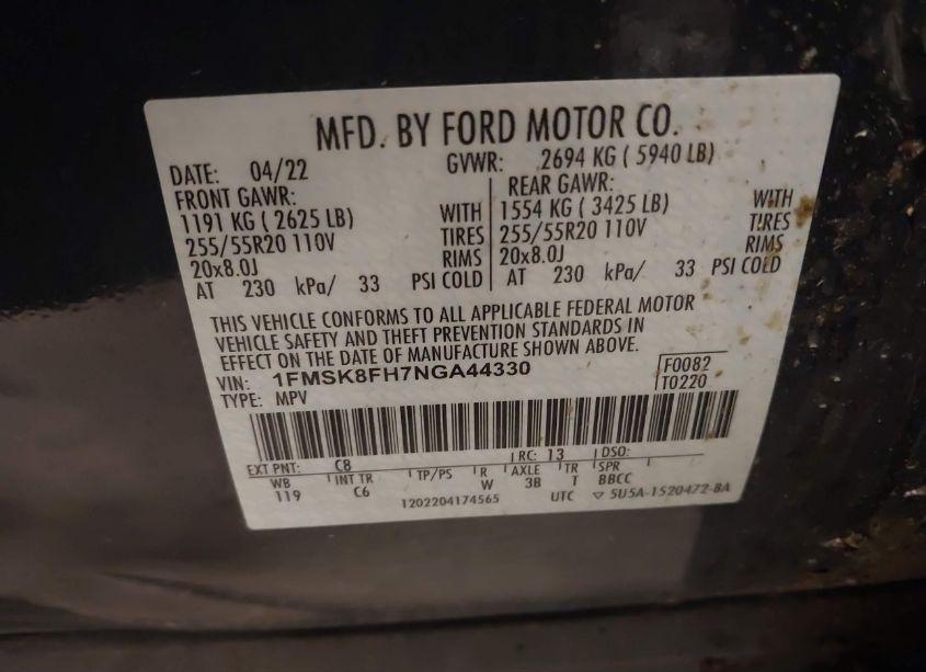 Photo 9 of 2022 Ford Explorer LIMITED (VIN 1FMSK8FH7NGA44330)
