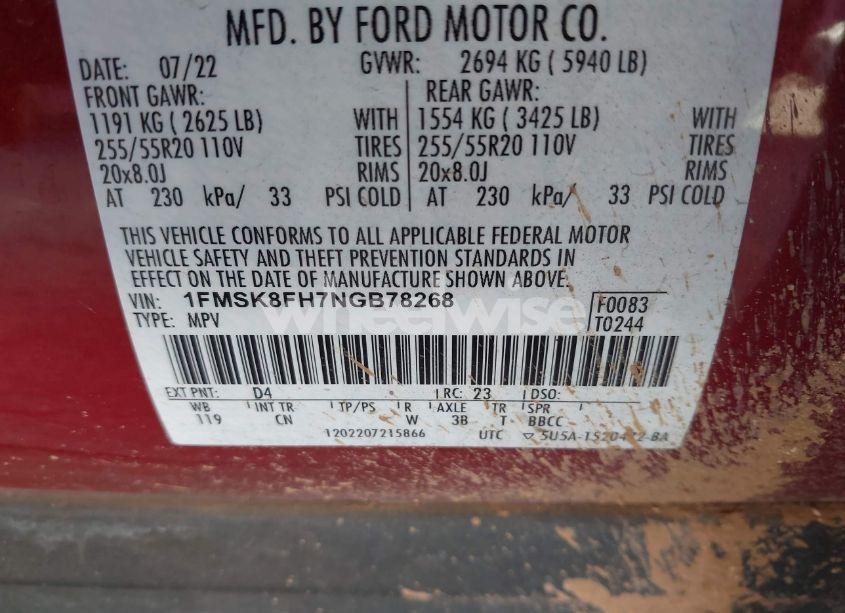Photo 9 of 2022 Ford Explorer LIMITED (VIN 1FMSK8FH7NGB78268)