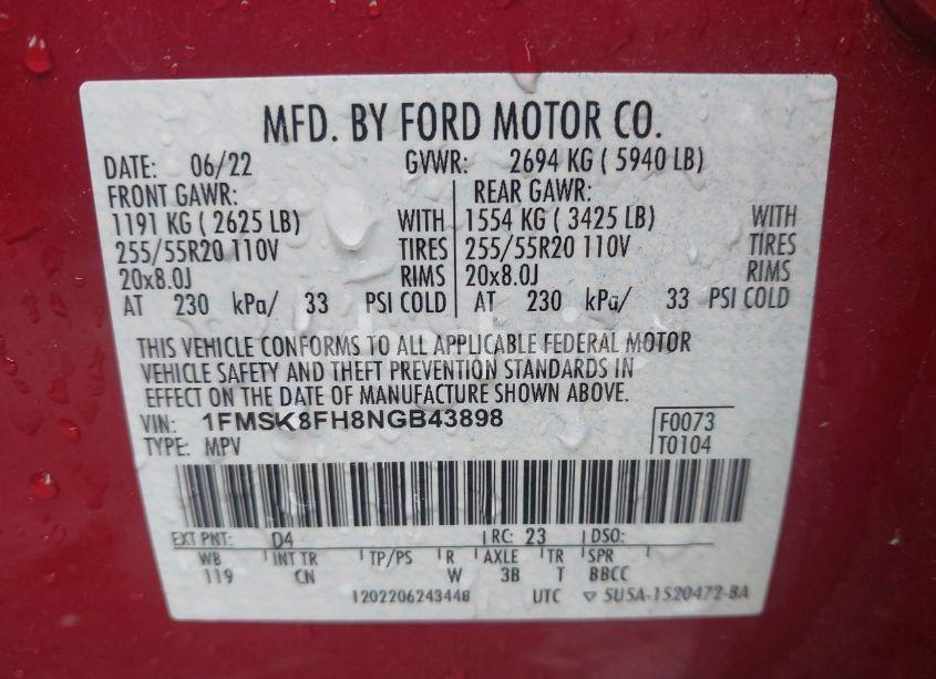 Photo 9 of 2022 Ford Explorer LIMITED (VIN 1FMSK8FH8NGB43898)