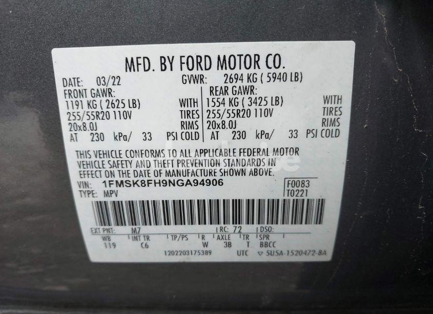 Photo 9 of 2022 Ford Explorer LIMITED (VIN 1FMSK8FH9NGA94906)