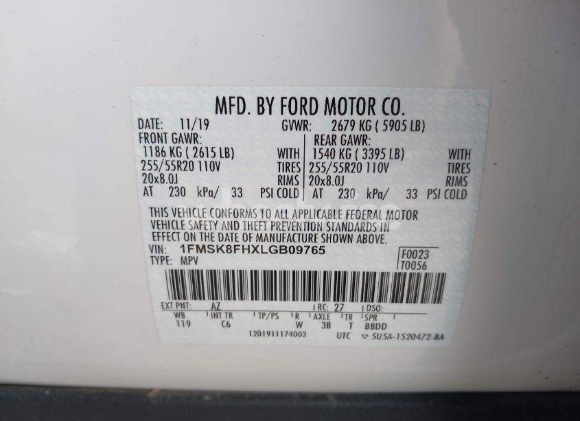 Photo 9 of 2020 Ford Explorer LIMITED (VIN 1FMSK8FHXLGB09765)