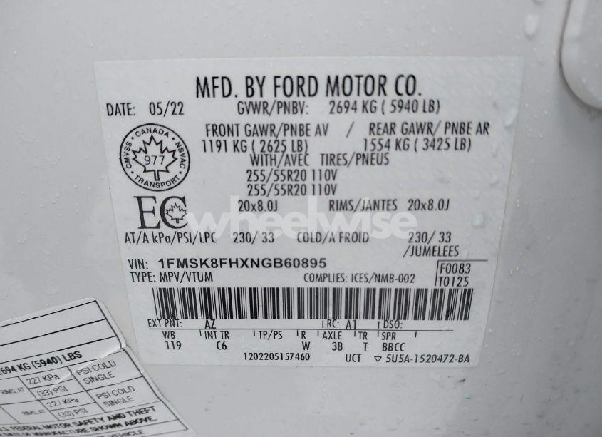 Photo 9 of 2022 Ford Explorer LIMITED (VIN 1FMSK8FHXNGB60895)