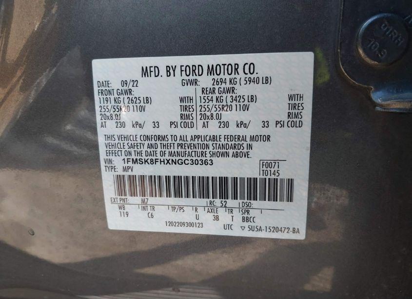 Photo 9 of 2022 Ford Explorer LIMITED (VIN 1FMSK8FHXNGC30363)