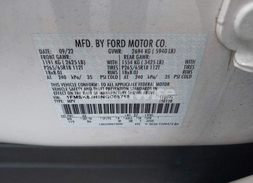 Photo 9 of 2022 Ford Explorer TIMBERLINE (VIN 1FMSK8JH0NGC08718)