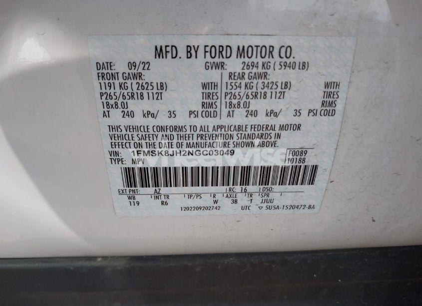 Photo 9 of 2022 Ford Explorer TIMBERLINE (VIN 1FMSK8JH2NGC03049)