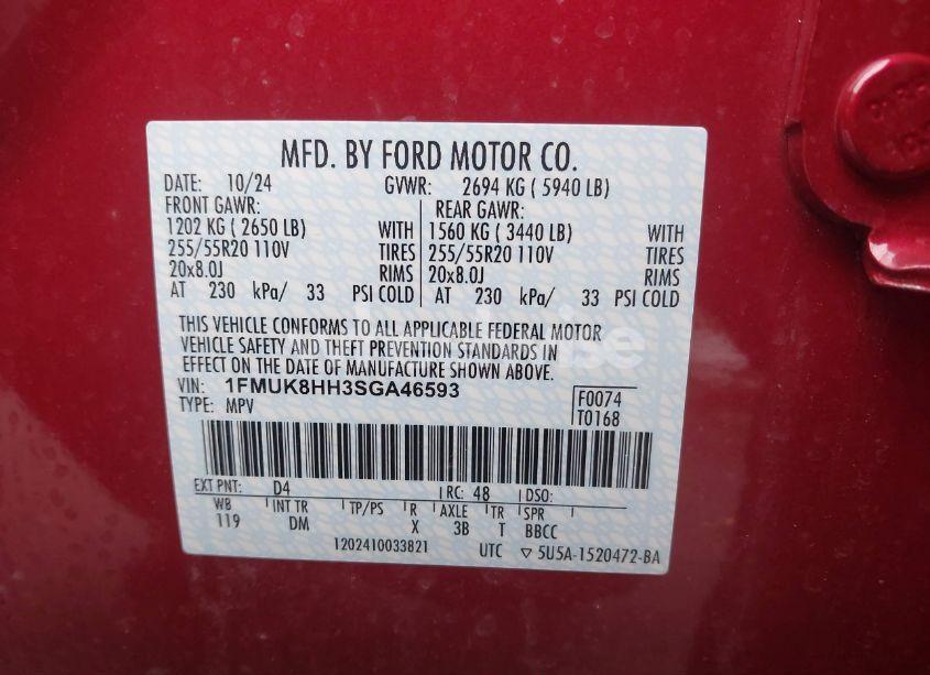 Photo 9 of 2025 Ford Explorer PLATINUM (VIN 1FMUK8HH3SGA46593)