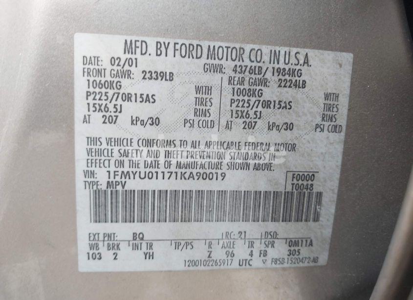 Photo 9 of 2001 Ford Escape XLS (VIN 1FMYU01171KA90019)