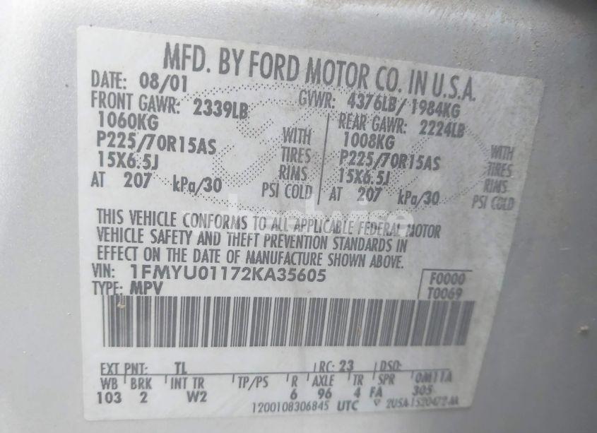Photo 9 of 2002 Ford Escape XLS (VIN 1FMYU01172KA35605)