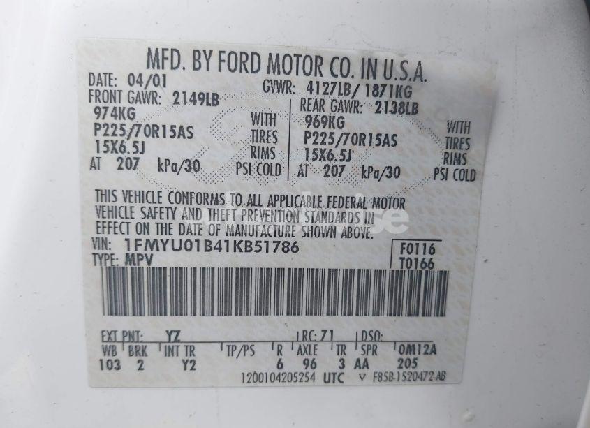 Photo 9 of 2001 Ford Escape XLS (VIN 1FMYU01B41KB51786)