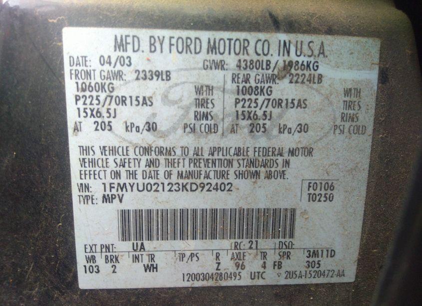 Photo 9 of 2003 Ford Escape XLS (VIN 1FMYU02123KD92402)